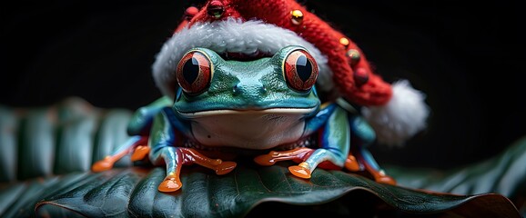 Fototapeta premium A green tree frog wearing a Santa hat sits on a leaf.