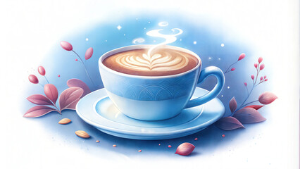 Stylish cup of coffee with latte art on a saucer surrounded by decorative leaves