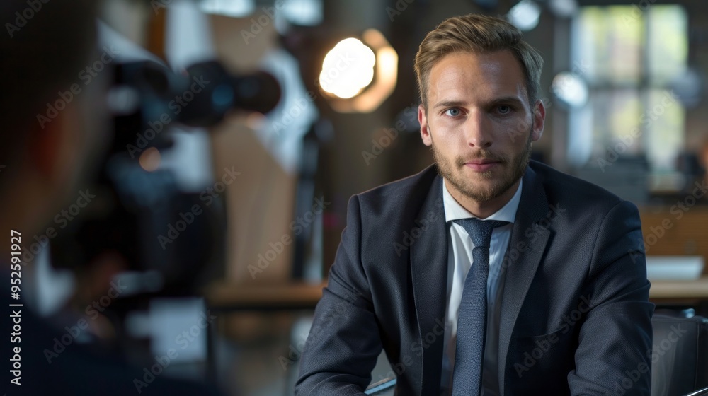 Poster a man in a suit and tie sits in front of a camera
