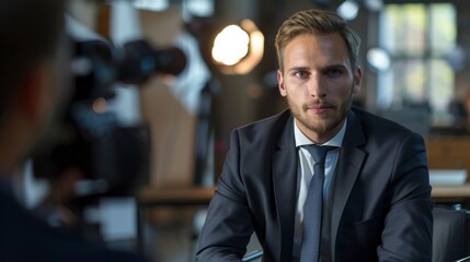 Fototapeta premium A man in a suit and tie sits in front of a camera