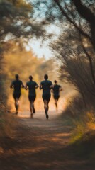 Group of people running on a nature trail, defocused