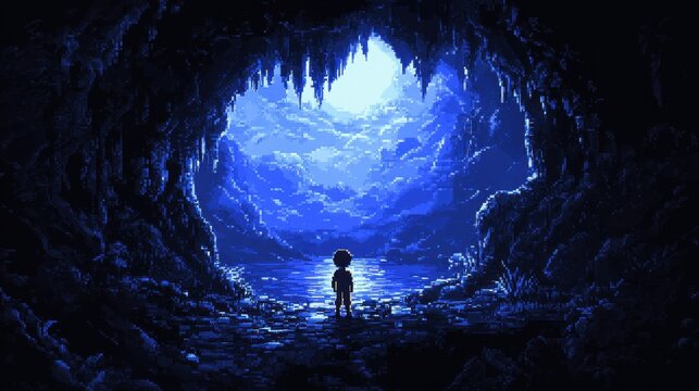Modern Pixelated Adventure: 16-Bit Cave Exploration in Retro Style with Dark Copy Space