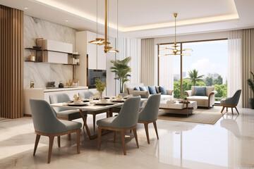 Fototapeta premium Modern Interior Design: Open Plan Living & Dining Room with City Views