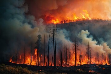 Wildfire engulfing forest