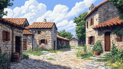 Obraz premium Pixelated 16-bit village with a pixelated well and ample copy space, nostalgic village life, modern simplicity.