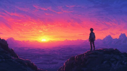 Digital Explorer in Pixelated Desert - Retro Adventure Game Concept with Copy Space