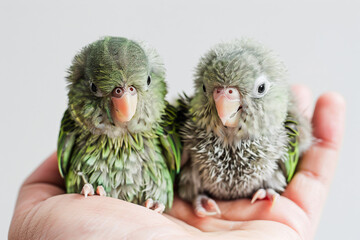 Obraz premium two small birds sitting on a persons hand