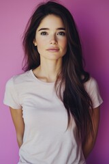 Fototapeta premium Portrait of a beautiful young woman with long brown hair wearing a plain white t-shirt, studio lighting a purple background