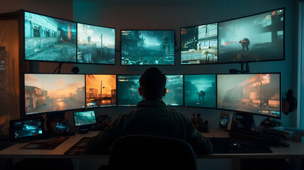 Gamer in dimly lit room intensely focused on high-tech console, surrounded by multiple screens and gaming memorabilia, immersed in vibrant gaming environment