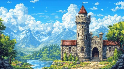 Obraz premium Pixelated 16-bit pixelated castle with a single turret, ample sky copy space, classic fantasy game, modern presentation.