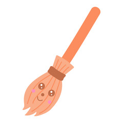 Cute broom, children magic element in kawaii style, vector