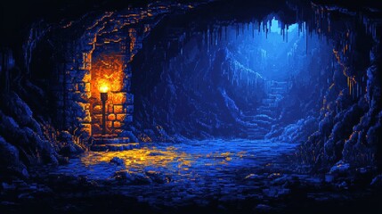 Obraz premium Pixelated Cave Entrance in 8-bit Style with Torch, Dark Copy Space. Retro Adventure Theme with Contemporary Framing.