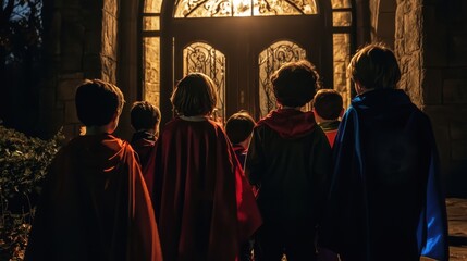 Naklejka premium A group of kids dressed as superheroes gather at a haunted house entrance as the sound of creaking doors and eerie music fills the air