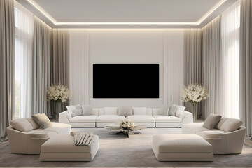 Fototapeta premium Modern Living Room Interior Design with White Sofa and Large Windows