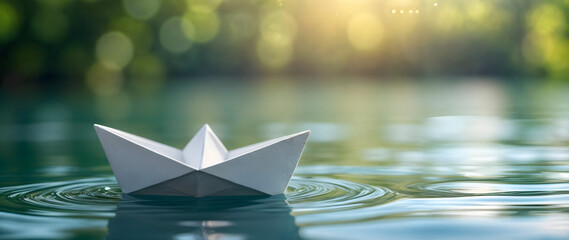 Origami paper boat floating on a peaceful pond with sunlight filtering through trees