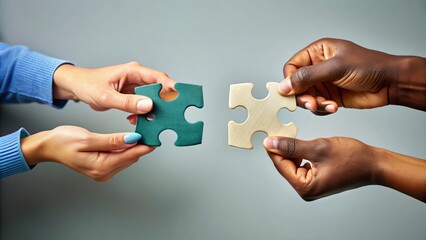 Two diverse hands, one holding a puzzle piece, interconnected to form a unified whole, symbolizing mutual understanding, cooperation, and harmony amidst differences.