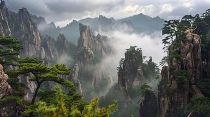 Verdant Peaks in Mist - Lush pine trees and rugged cliffs rise through misty valleys, creating a serene and dramatic mountain landscape filled with natural beauty.