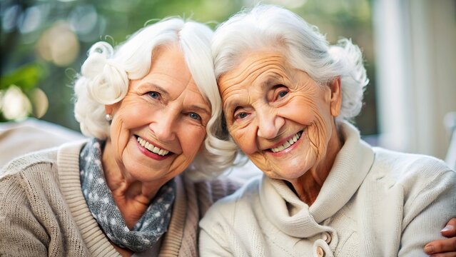 Two elderly women with silver hair and warm faces share a joyful moment, beaming with happiness as they sit together in comfortable companionship.