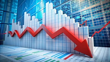 Upside-down graph charting economic downturn, with red arrow plummeting downward and scattered financial documents in background, symbolizing financial crisis and market collapse.