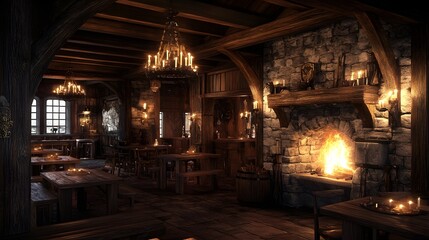 Fototapeta premium Candle-lit medieval tavern with wooden tables and a roaring fireplace Cozy and warm with rich wood tones and soft flickering light detailed 3D rendering
