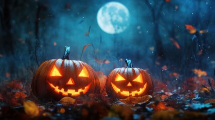 Fototapeta premium Two Glowing Jack-o'-Lanterns in a Mystical Forest Under a Full Moon