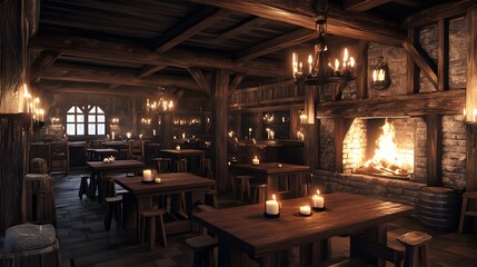 Fototapeta premium Warm medieval tavern with wooden tables candlelight and a roaring fireplace Cozy ambiance with rich wood tones soft flickering light realistic 3D rendering