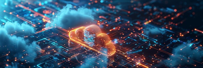 Realistic Image Showcasing AI and Cloud Technology Concept for Business. Featuring Integration of Artificial Intelligence and Cloud Computing in a Professional Setting, Highlighting Technological Adva