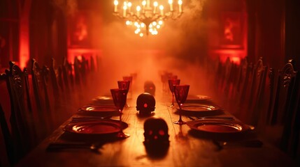 A haunting dinner setting featuring skulls, eerie ambiance, and dramatic red lighting, perfect for Halloween themes and horror events.