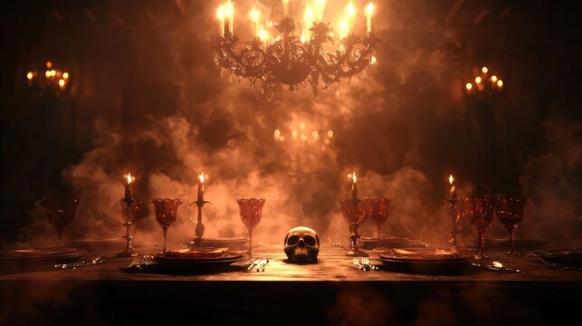 A haunting candlelit dinner table with a skull centerpiece, shrouded in smoke, creating a chilling and mysterious atmosphere.