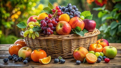 Vibrant arrangement of seasonal fruits, including apples, grapes, and oranges, artfully arranged in a woven basket on a rustic wooden table, surrounded by greenery.