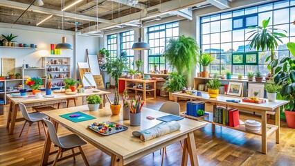 Vibrant art supplies and eclectic decorative elements fill a bustling collaborative workspace, inspiring imagination and fostering innovative ideas among participants.