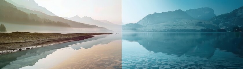 Fototapeta premium A scenic landscape split in two parts, one showing a serene sunrise and the other a peaceful lake under a vibrant blue sky.