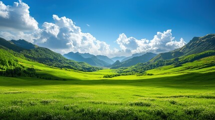 Obraz premium Breathtaking green valley surrounded by majestic mountains under a blue sky with fluffy clouds, perfect for nature lovers.