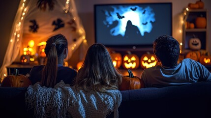 A group of friends enjoy a Halloween movie marathon, sitting on a cozy couch, surrounded by themed snacks, glowing pumpkins, and eerie lighting from the TV screen