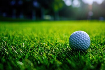 Naklejka premium Close-up of a golf ball resting on lush green grass, illuminated by soft sunlight, perfect for sports and outdoor themes.