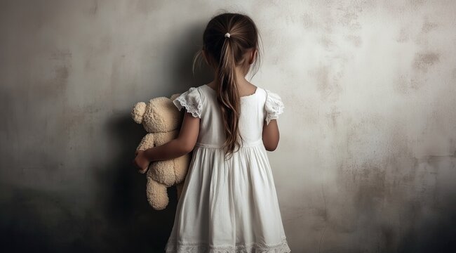 Une petite fille, vue de dos, tenant un ours en peluche dans une main et l'embrassant contre un mur uni, symbolisant la maltraitance des enfants, image avec espace pour texte.