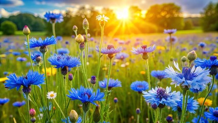 Fototapeta premium Vibrant blue cornflowers sway gently in a sun-kissed wildflower meadow, surrounded by lush green grasses and sprinkled with delicate white and yellow blooming flowers.