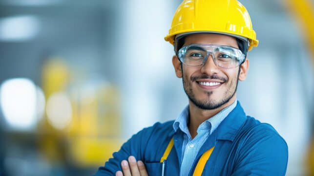 Confident worker in safety gear smiling at the camera, showcasing professionalism and teamwork in an industrial setting.