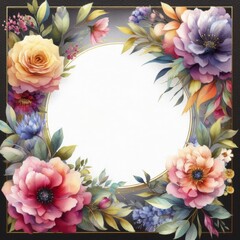 Obraz premium A vibrant arrangement of colorful flowers in a circular frame, perfect for invitations.