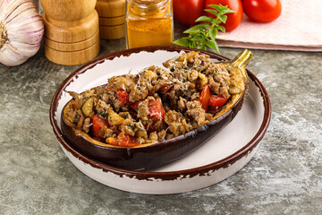 Baked eggplant stuffed meat and tomato