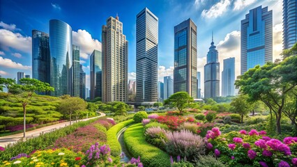 Fototapeta premium Vibrant cityscape with lush greenery, modern skyscrapers, and blooming flowers intertwining harmoniously, showcasing urban renewal and eco-friendly architecture in a thriving metropolitan area.