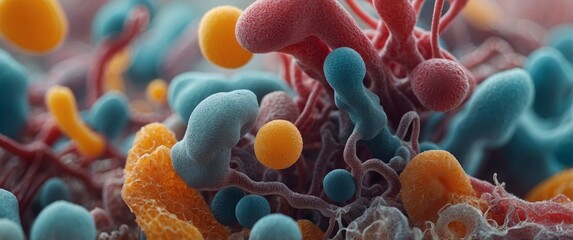 A microscopic landscape of the digestive tract teeming with bacteria of various shapes and sizes.