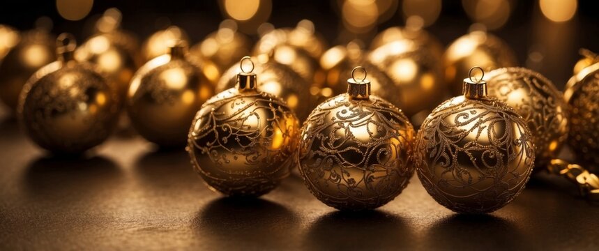 Golden color baubles on gold background with hard shadows.