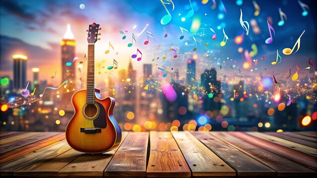 Vibrant color flyers promoting an upcoming music festival, featuring a stylized guitar and musical notes, scattered across a wooden table amidst a blurred cityscape background.