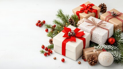 Beautifully wrapped Christmas gifts decorated with ribbons, surrounded by pine branches and festive ornaments on a white background.