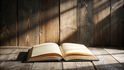 A digital mockup of an open book on a bright wooden desk, surrounded by subtle shadows and highlights, empty pages awaiting content.