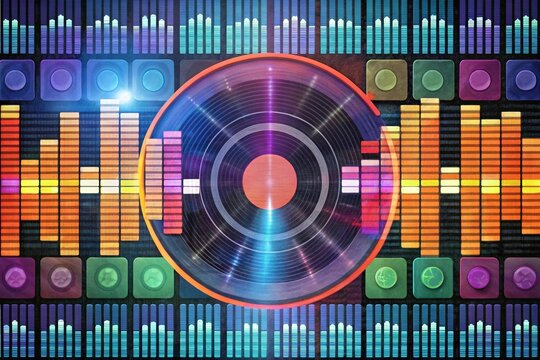 A digital representation of a podcast episode layout, featuring a vibrant grid of sound bites, a customizable player bar, and a detailed waveform outline for precise control.