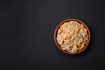 Delicious boiled beef or pork tongue sliced with carrots, onions, sour cream