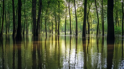 Serene Reflections: Tranquil Flooded Forest with Waterlogged Trees and Calm Water Surface