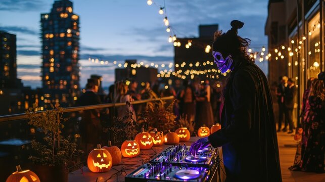 A chic urban Halloween party in a rooftop penthouse with guests in sophisticated costumes mingling under string lights while a DJ in a skull mask spins spooky tracks and jack o lanterns line the